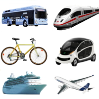  Bicycle, car, bus, train, liner and plane